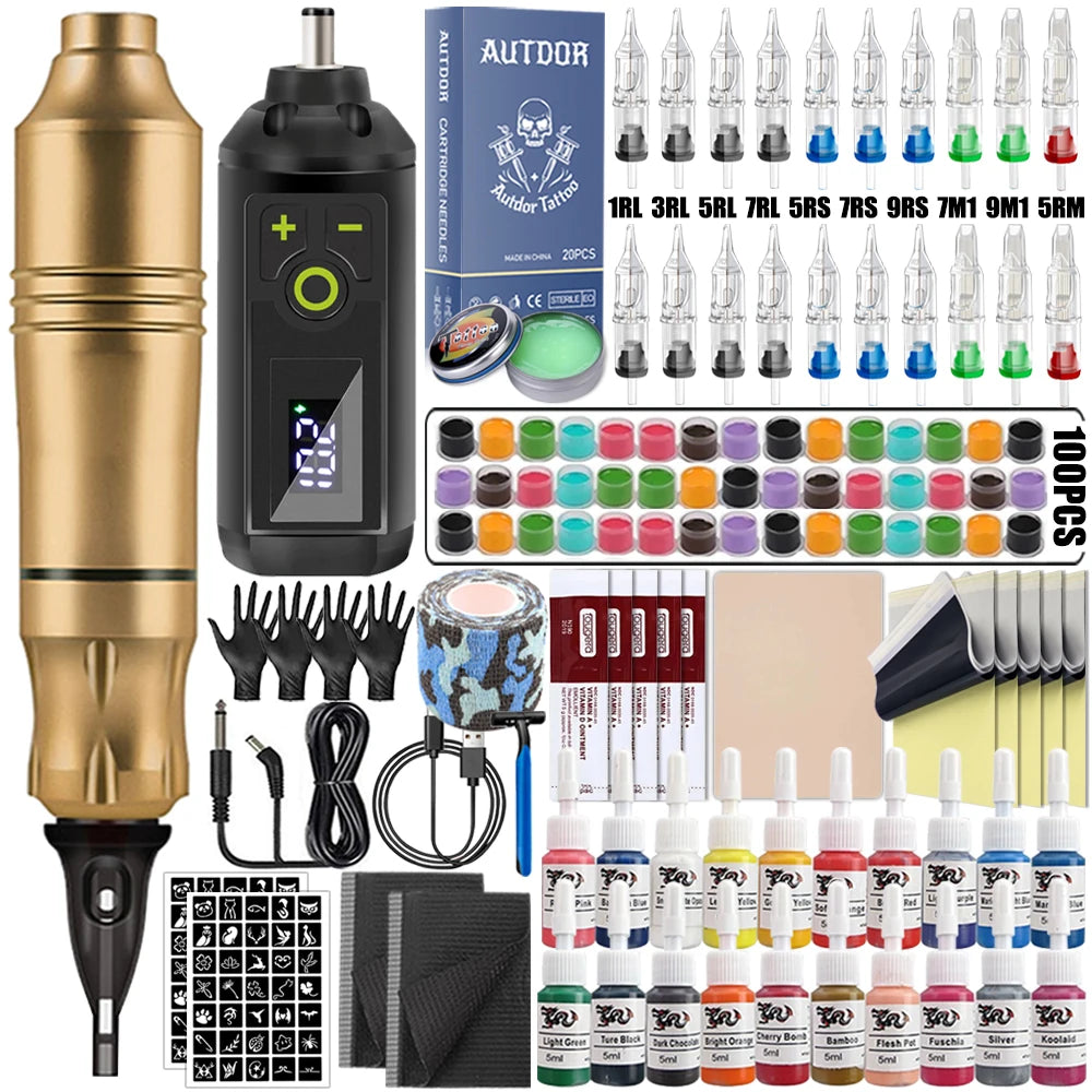 Tattoo Pen Machine Kit Tattoo Machine Pen Set with Wireless Power Supply Cartridge Needle Tattoo Accessories for Tattoo Beginner