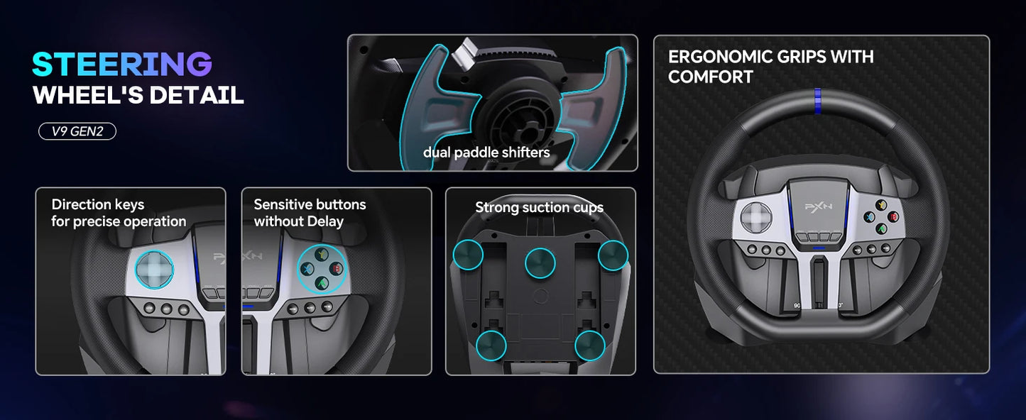PXN V9 GEN2 Racing Wheel for PC/Xbox/PS4, 270°/900°, Hall 3-Pedal Set, H-Shifter, Dual Paddles, RGB, App
