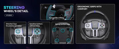 PXN V9 GEN2 Racing Wheel for PC/Xbox/PS4, 270°/900°, Hall 3-Pedal Set, H-Shifter, Dual Paddles, RGB, App