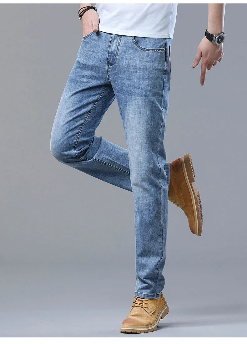 Spring and Summer Thin Men's Light Blue Slim Jeans Stylish Casual Stretch Fabric Denim Pants Classic Trousers Smoke Gray