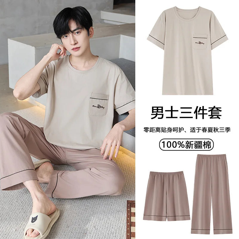Short Sleeves & Shorts & Long Pant 3Pcs/set Cotton Nightwear for Men Summer Breathable Casual Sleepwear Male Loungewear Hombre