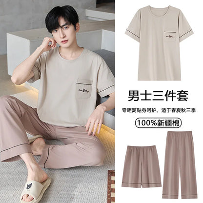 Short Sleeves & Shorts & Long Pant 3Pcs/set Cotton Nightwear for Men Summer Breathable Casual Sleepwear Male Loungewear Hombre
