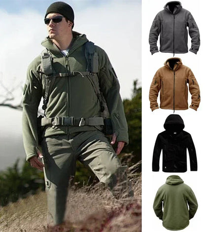 Herr Militär Fleecejacka med Huva – Varm Taktisk Jacka för Vandring och Friluftsliv, S–4XL