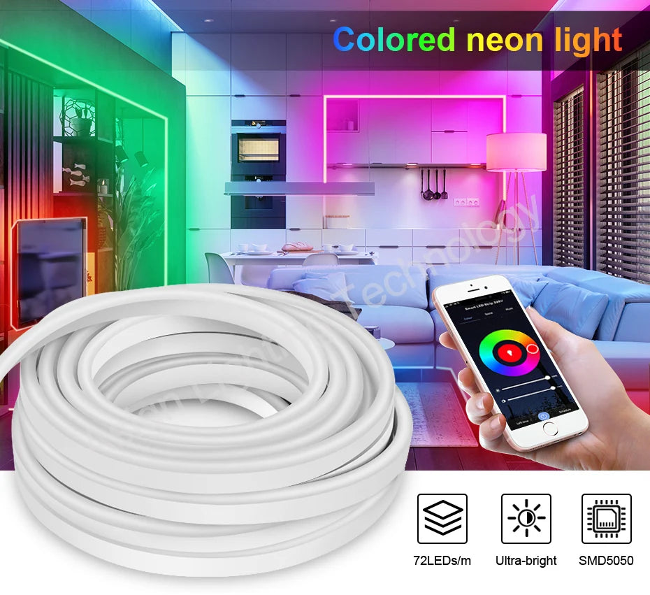 220 V RGB LED-neonlist IP65 med fjärrkontroll, Bluetooth eller Tuya WiFi, 1–100 m