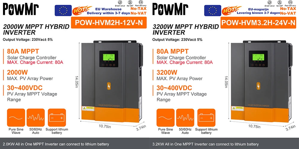 PowMr Hybrid Solväxelriktare 2kW–11kW – Ren Sinusvåg MPPT 120A 12V/24V/48V 220V LiFePO4/Litium/Blåsyra WiFi EU-lager CE