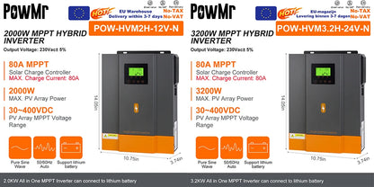 PowMr Hybrid Solväxelriktare 2kW–11kW – Ren Sinusvåg MPPT 120A 12V/24V/48V 220V LiFePO4/Litium/Blåsyra WiFi EU-lager CE