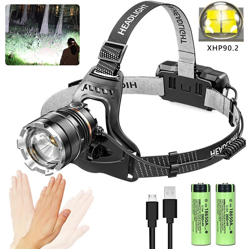 XIWANGFIRE XHP90.2 Pannlampa 50W – Zoom, Rörelsesensor, Vattentålig, 100–300m, Camping & Fiske