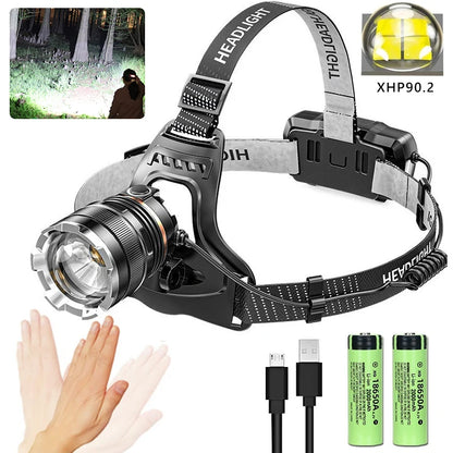 XIWANGFIRE XHP90.2 Pannlampa 50W – Zoom, Rörelsesensor, Vattentålig, 100–300m, Camping & Fiske