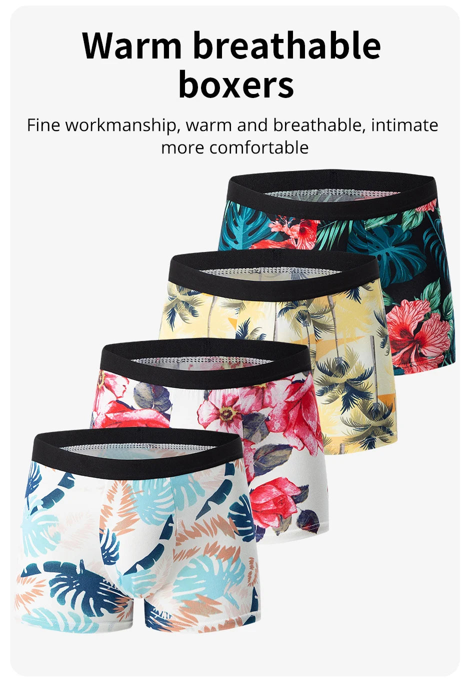 Herr Boxershorts 4-pack Blommigt – Andningsbara Plus Size Tonåringar & Vuxna, XS–XXXL