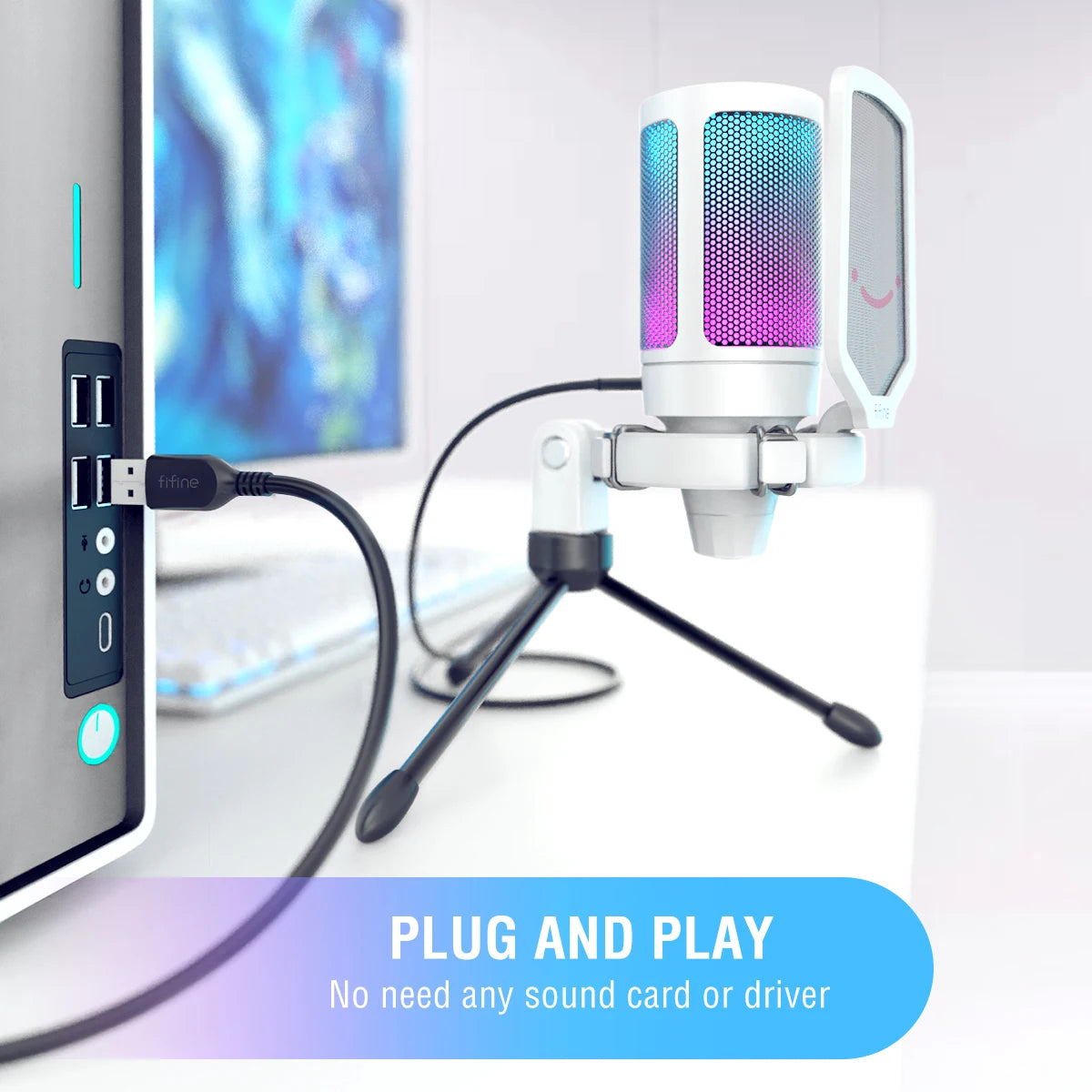 FIFINE USB Gaming Microphone,Condenser MIC with RGB,for PC PS4 PS5 MAC,Suit for Podcasters/Gamers/Influencers/Home Studio