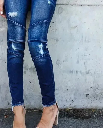 Women Jeans Denim Pencil Pants Pockets Streetwear Slim Mom Holes Punk Sexy Sheath High Waist Washing Distressed Ankle Length