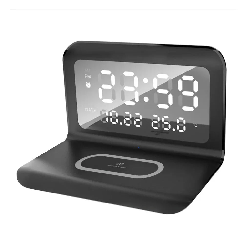 Trådlös Laddare 15W med Väckarklocka & Termometer – Qi USB-C iPhone 17–11 Samsung Xiaomi, 3 Alarm Celsius/Fahrenheit CE RoHS