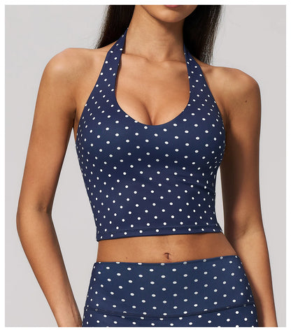 Yoga Bra Women Sports Underwear Fitness Crop Top Polka Dot Yoga Vest Deep V Backless Sports Vest Female Workout Shockproof Tops