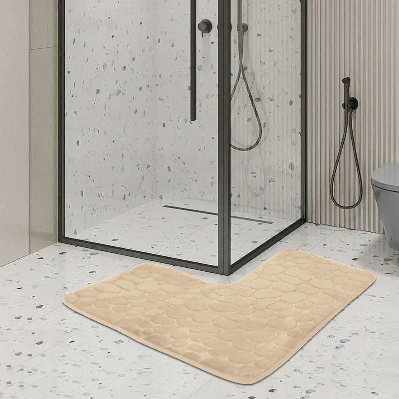 80x80cm New L-shaped Bath Mat Cobblestone Memory Foam Super Absorbent Non-Slip Corner Mat for Bathroom Shower Toilet Home Decor