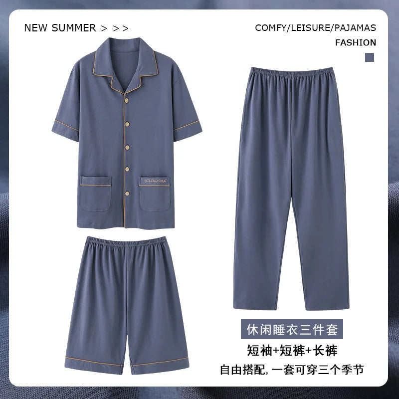 2023 New Cotton Sleepwear Men's 3 Pieces Set Homewear Plus Size 4XL Cardigan Nightwear Short Sleep Tops & Shorts & Long Pants