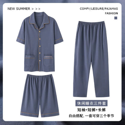 2023 New Cotton Sleepwear Men's 3 Pieces Set Homewear Plus Size 4XL Cardigan Nightwear Short Sleep Tops & Shorts & Long Pants