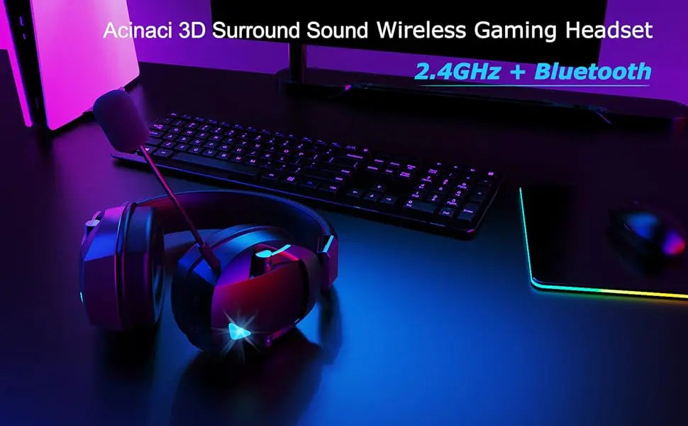Gaming Headset with Detachable Noise Cancelling Microphone,2.4G Bluetooth-USB-3.5mm Wired Jack 3 Modes for Multi-device