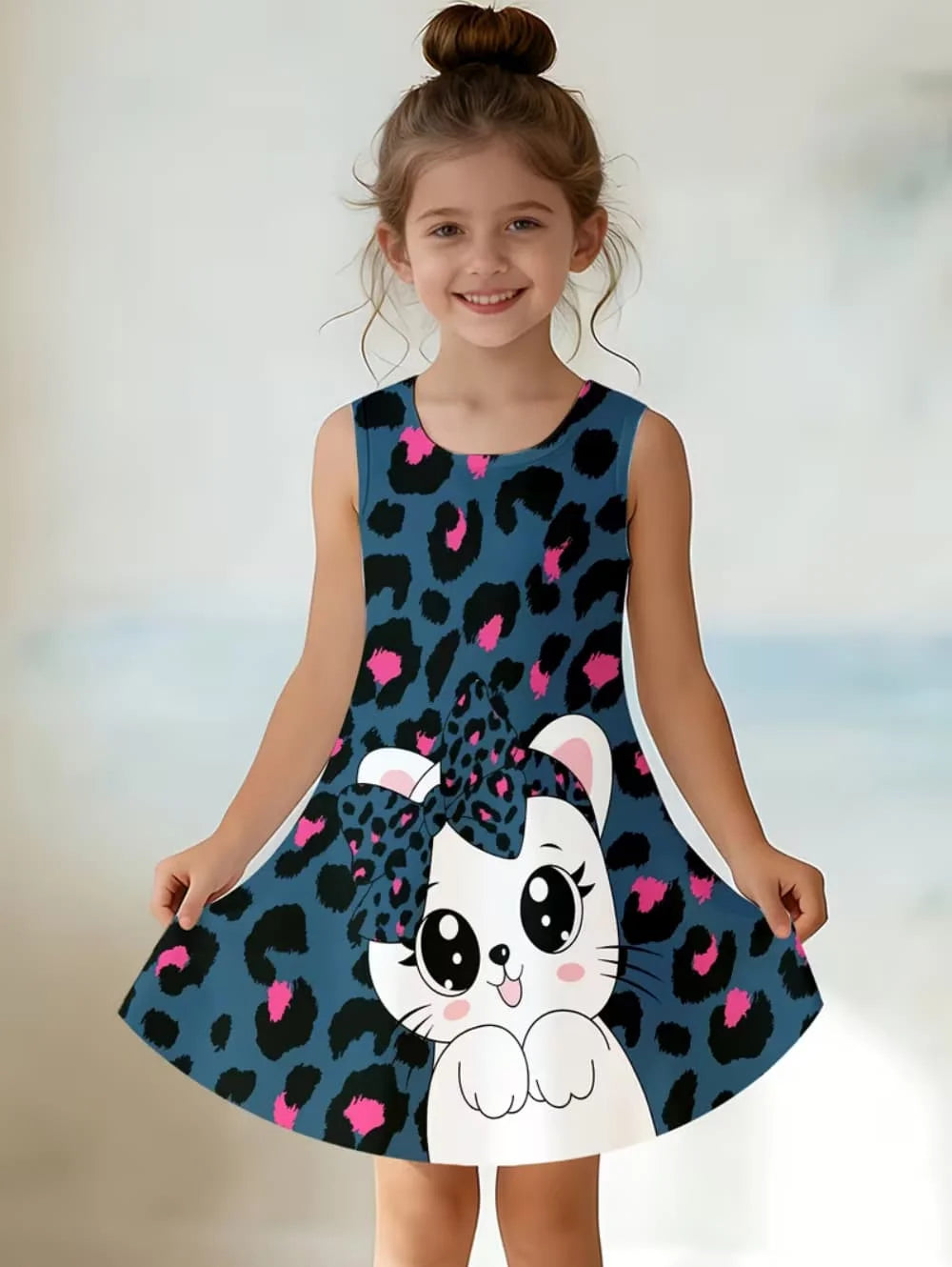 Girl Clothes Cartoon Cat Graphic Printed Girls' Princess Dress Summer Casual Dress for Girls Outfit O-Neck Birthday Gift Clothes
