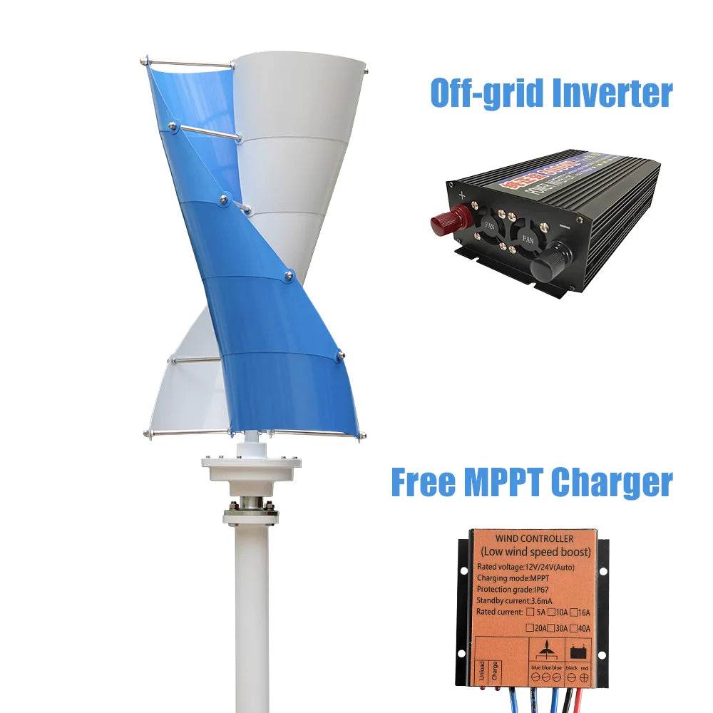 Vertikal Vindturbin 2kW/3kW 12V/24V/48V – Låg Startvindshastighet MPPT Boost, Hybrid Sol+Vind eller Off-Grid Ren Sinusvåg 220V