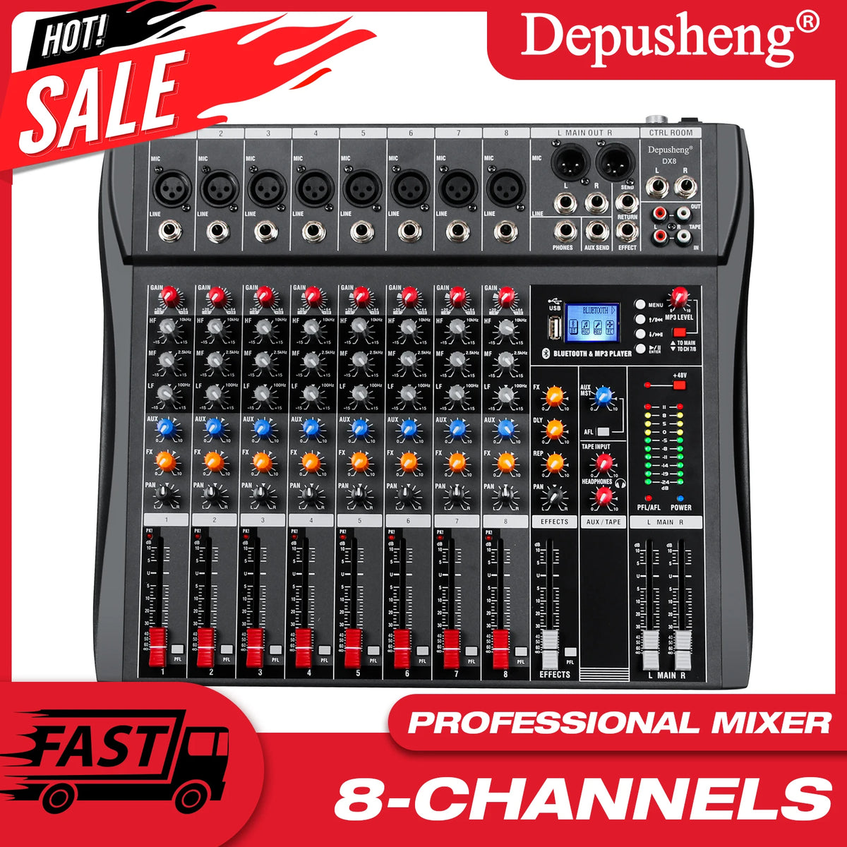 Depusheng DX8 8-kanals ljudmixer med Bluetooth och DSP-effekter