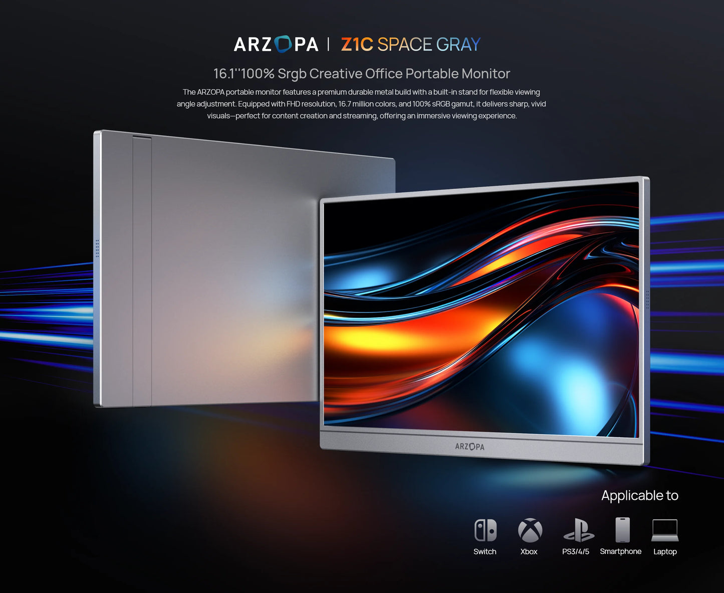 ARZOPA 16.1'' 100% SRGB 1080P FHD Portable Monitor IPS Screen Second Monitor External Display Z1C