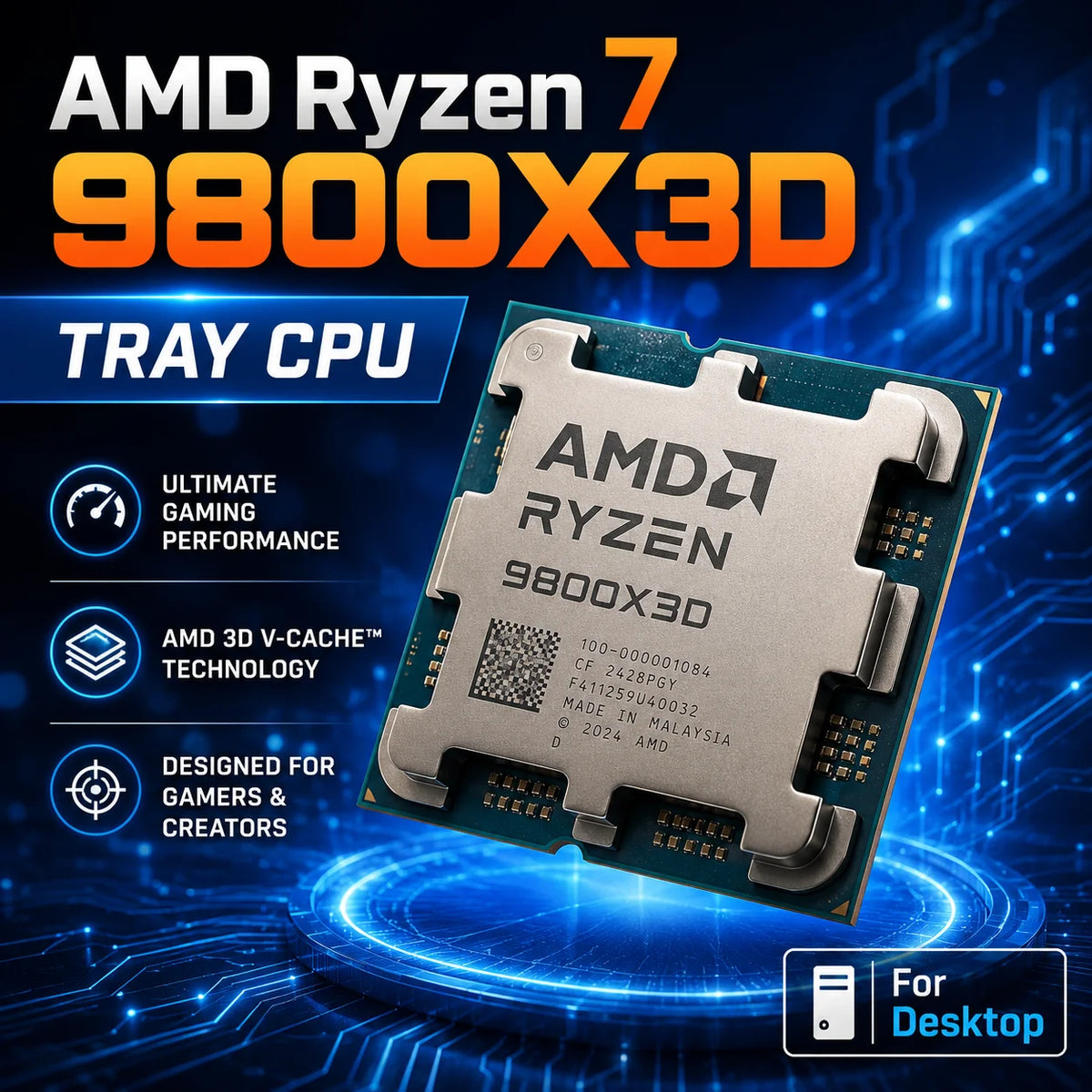 AMD Ryzen 7 9800X3D Processor 8-Core 16-Thread AM5 Desktop CPU 3D V-Cache Gaming Processor Tray No Box