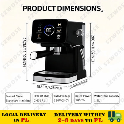 Semi-Automatic Coffee Maker Espresso Machine with Built-In Milk Frother One-Touch Americano Function, Adjustable Temperature, Cappuccino H13 Espresso Coffee Machine 20 Bar Semi-Automatic Italian Espresso Coffee Maker with Mil