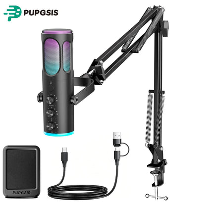 PUPGSIS Gaming USB Microphone, Noise Cancellation Condenser Mic with Mute, Gain, RGB Lights, Boom Arm Stand for Streaming, PC