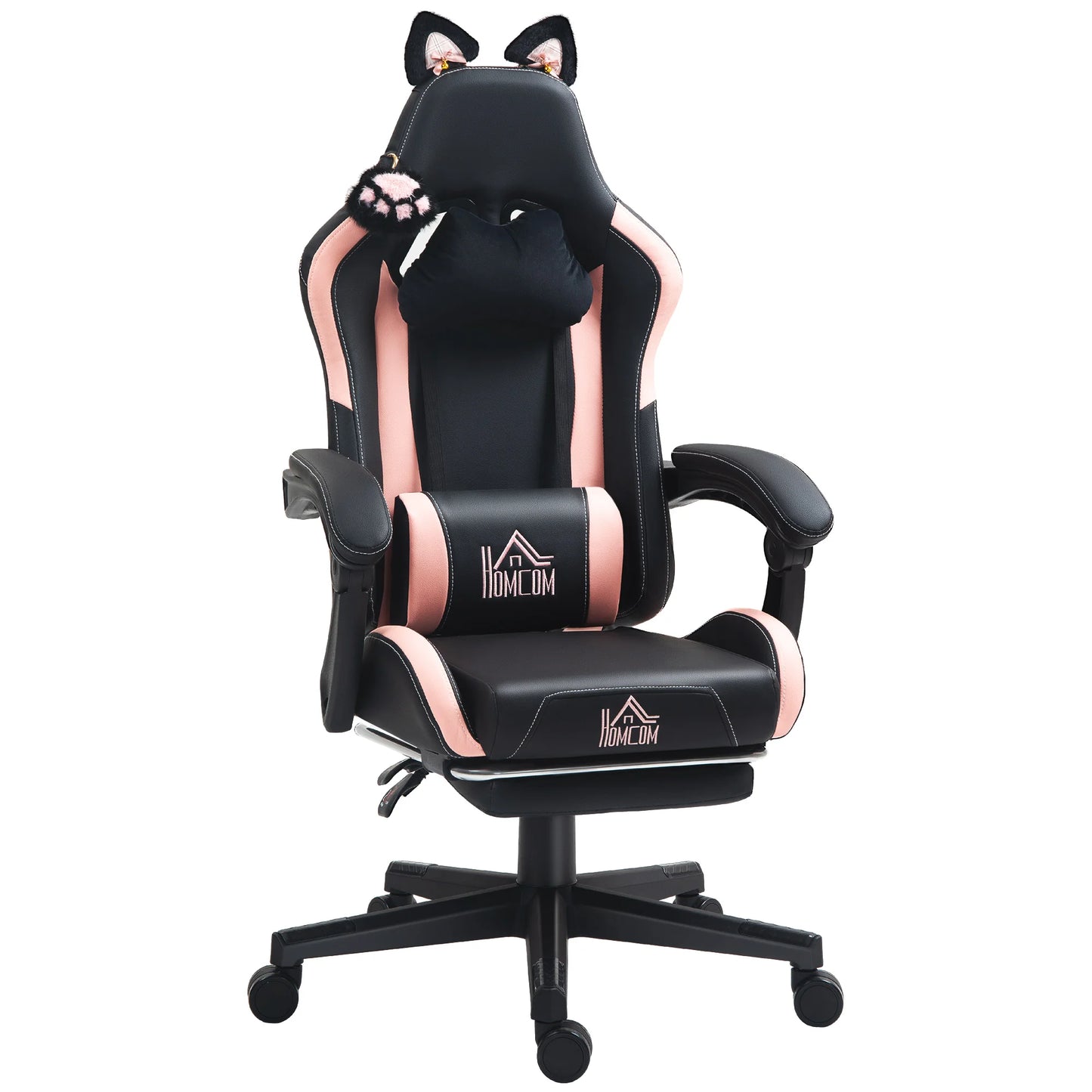 Homcom Gaming Chair with Adjustable Height Ears and Retractable Footrest