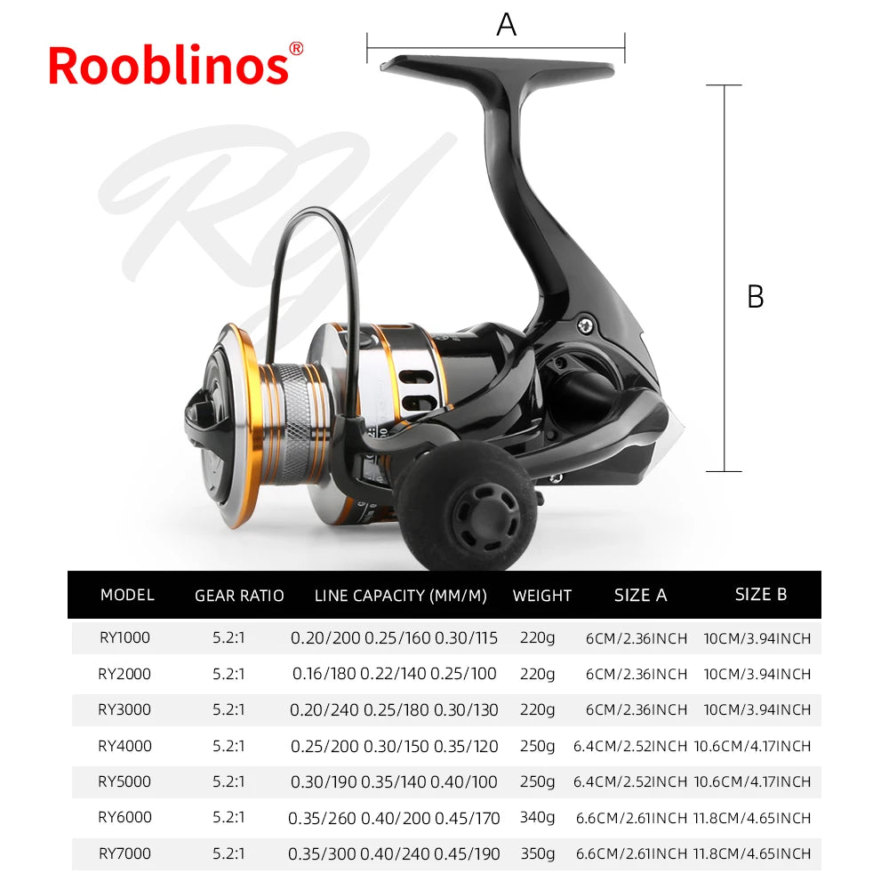 ROOBLINOS RY Spinningrulle 5.2:1 – Mjukt EVA-handtag Nylon Hav & Sötvatten, Storlek 1000–7000