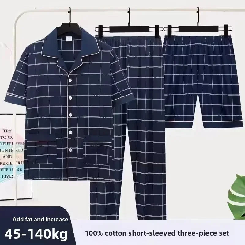 3/pce Set Men Fashion Casual Spring Autumn Loungewear Male Short Sleeves Pants Shorts Pajama Set Man Loose Collared Plaid Pajama