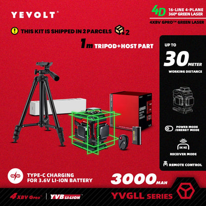 YEVOLT YVGLL4XS16 Grön Lasernivå – 4 Plan, 16 Linjer, Självnivellerande 360° 3D