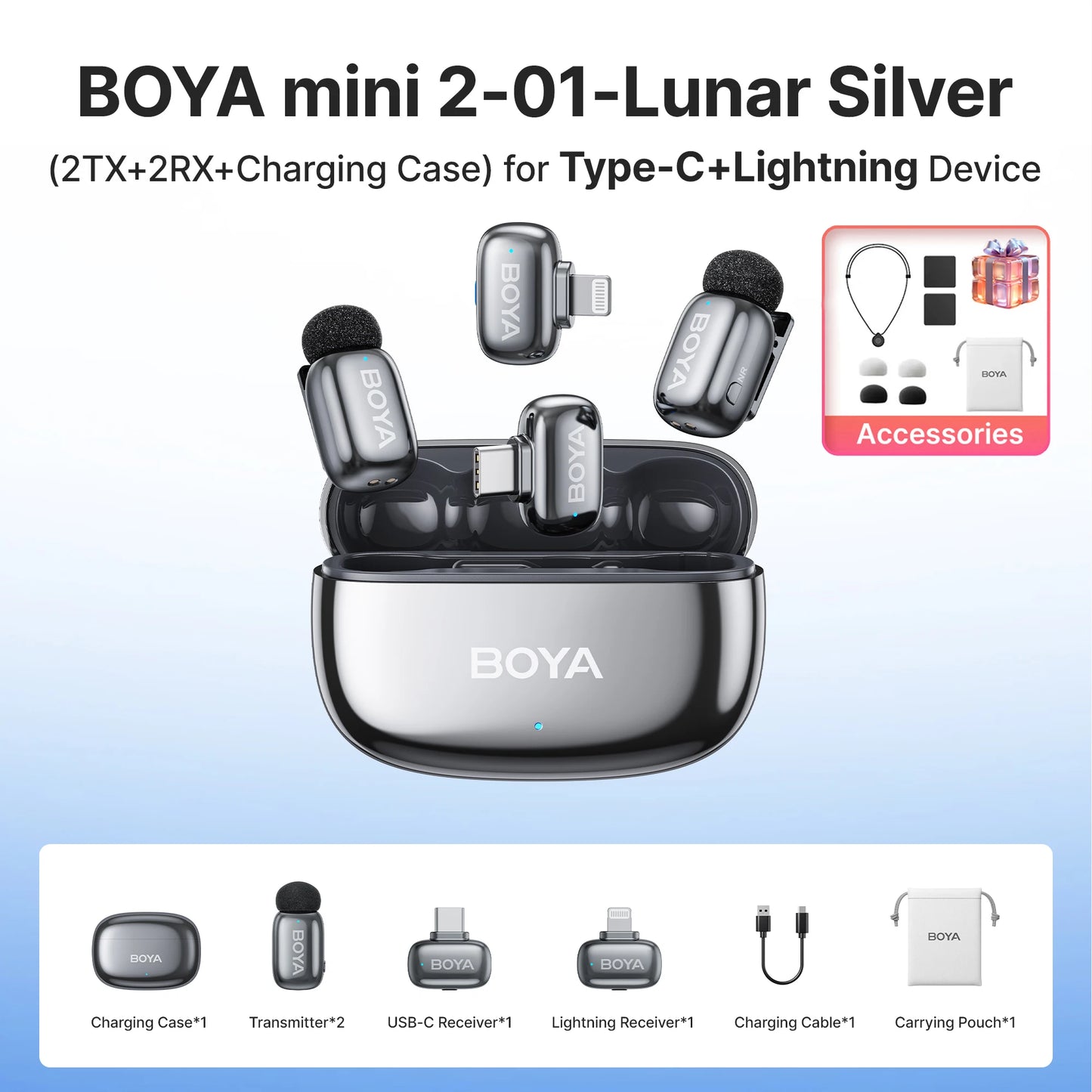 BOYA Mini 2 Wireless Lavalier Microphone AI Noise Reduction Mini Mic for iPhone 6-14/15-17 USB-C Android Phone Video Recording