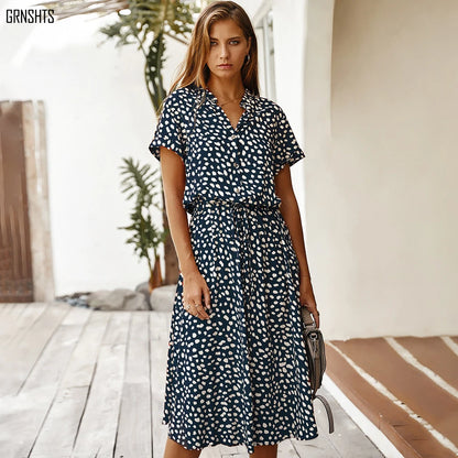 Vintage Blommig Boho Skjortklänning – Kortärmad, Lång, Nedvikt Krage, Skärp, 6 Färger, S–XL