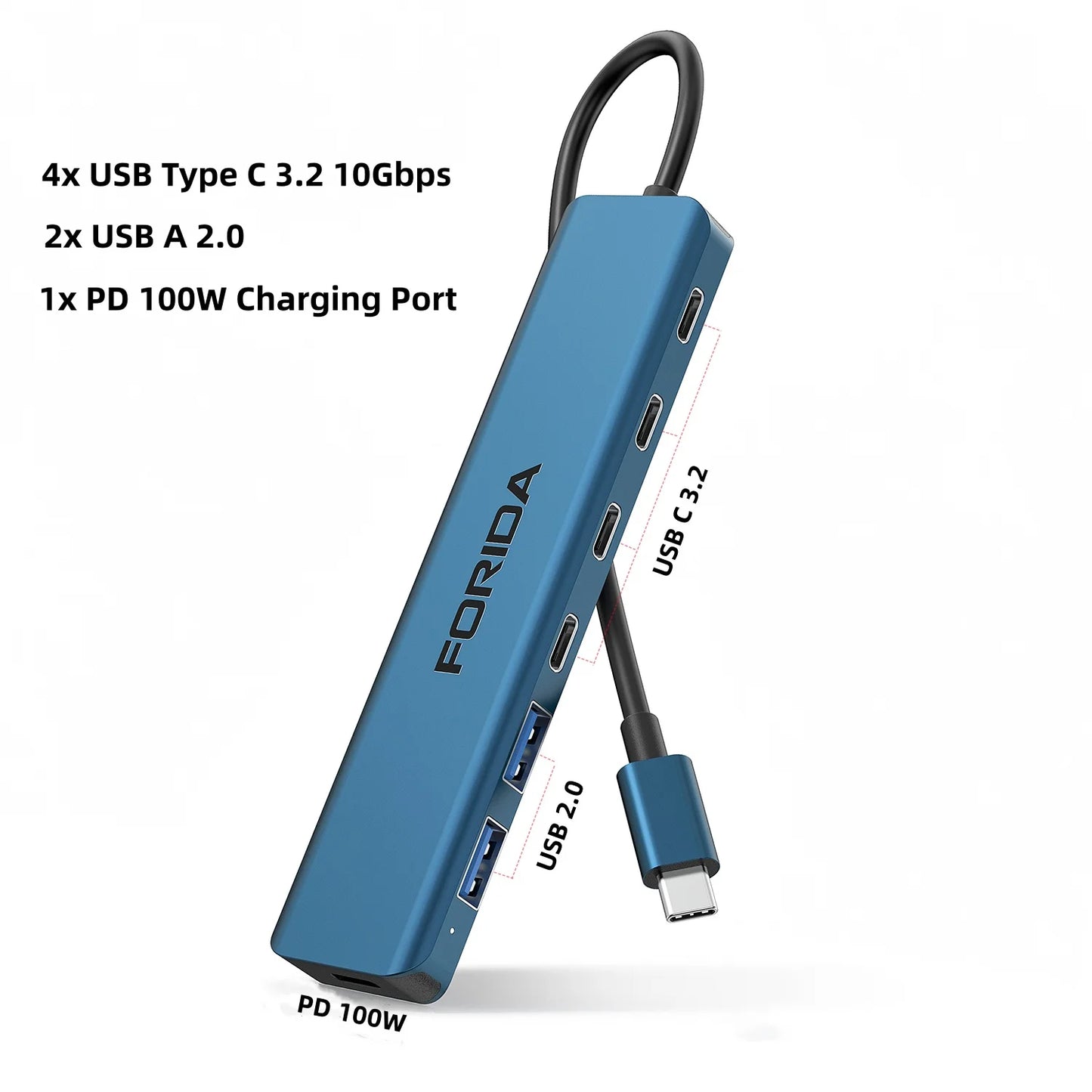 FORIDA Aluminum USB C Hub 3.2 and 3.0 10Gbps USB C HDMI Splitter PD 100W Power Charging USB 3.2 Gen2 Adapter for Laptop PC