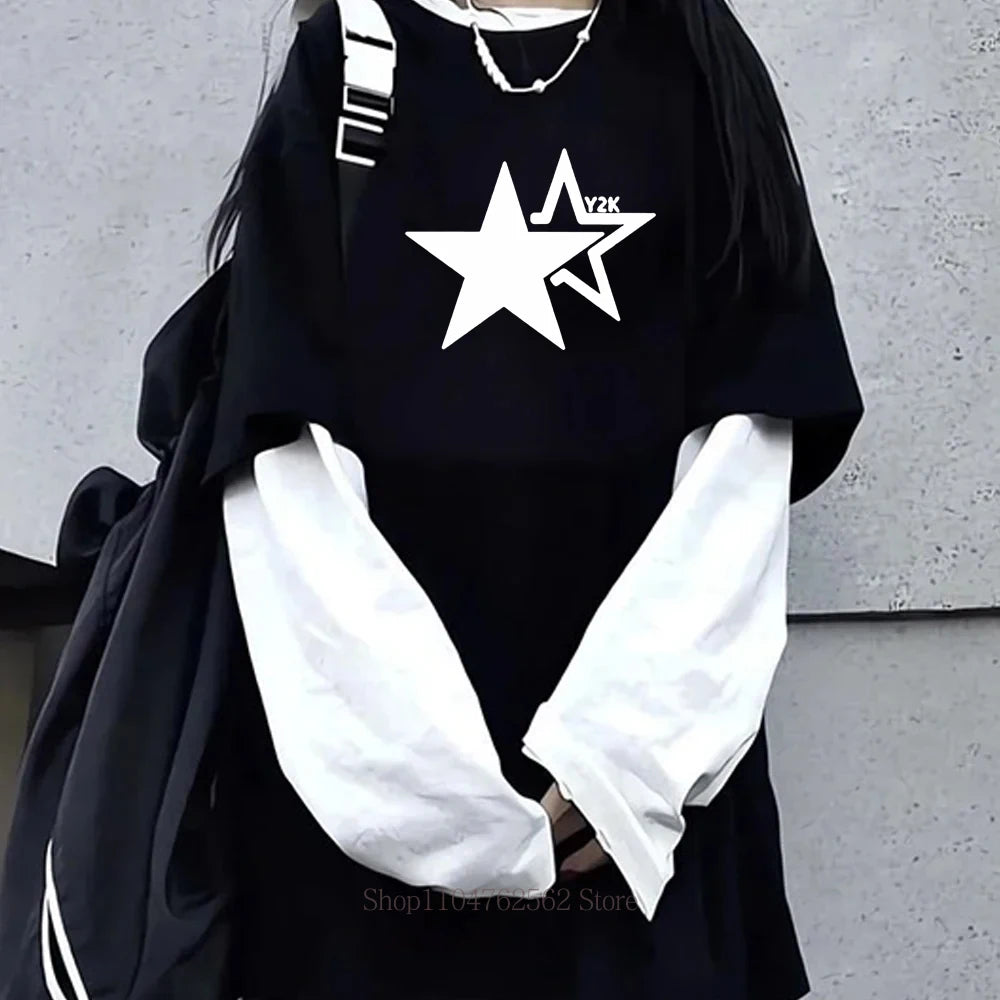 Women Star Y2K Print Graphic Fake Two Long Sleeved T-shirts Fashion Gothic Retro Casual Loose Fake Two Long Sleeved T Shirt