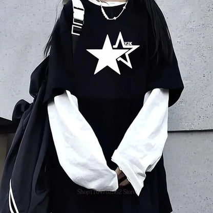 Women Star Y2K Print Graphic Fake Two Long Sleeved T-shirts Fashion Gothic Retro Casual Loose Fake Two Long Sleeved T Shirt