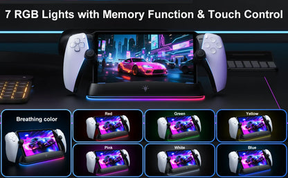HONCAM Auto Align Charging Dock for PlayStation Portal 7 RGB Light Modes Portable Dock Station with USB-C Charging Cable