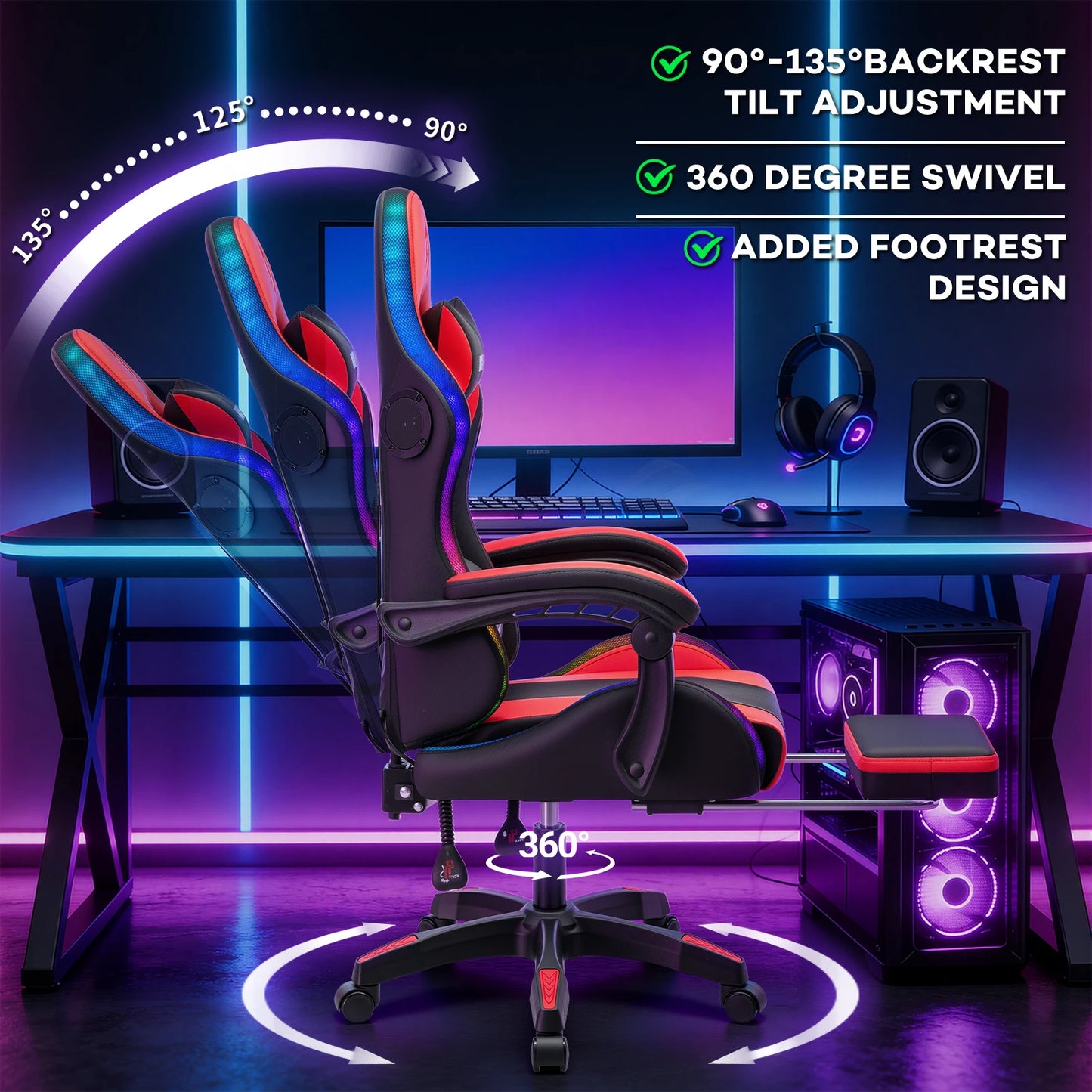300lbs Gaming Chair with Music Rhythm RGB LED Lights and Wireless Speakers Ergonomic Massage Computer Gaming Chair with Footrest