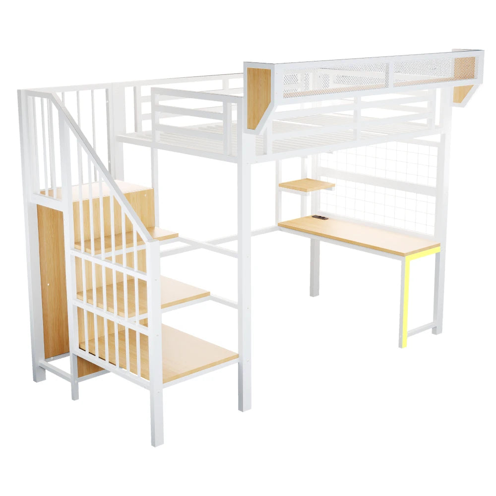90×200cm & 140*200cm Metal High Bed, with Desk, Shelf and Storage Net, Complete with Safety Ladder, LED Lighting and Socket