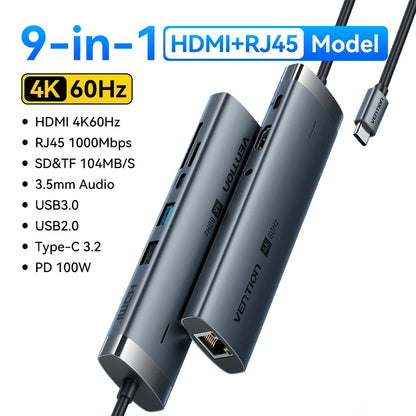 Vention USB C HUB 4K 60Hz Type C to HDMI RJ45 Ethernet PD 100W SD TF for MacBook PC iPad Sumsang PC Tablet Phone USB 3.0 Hub