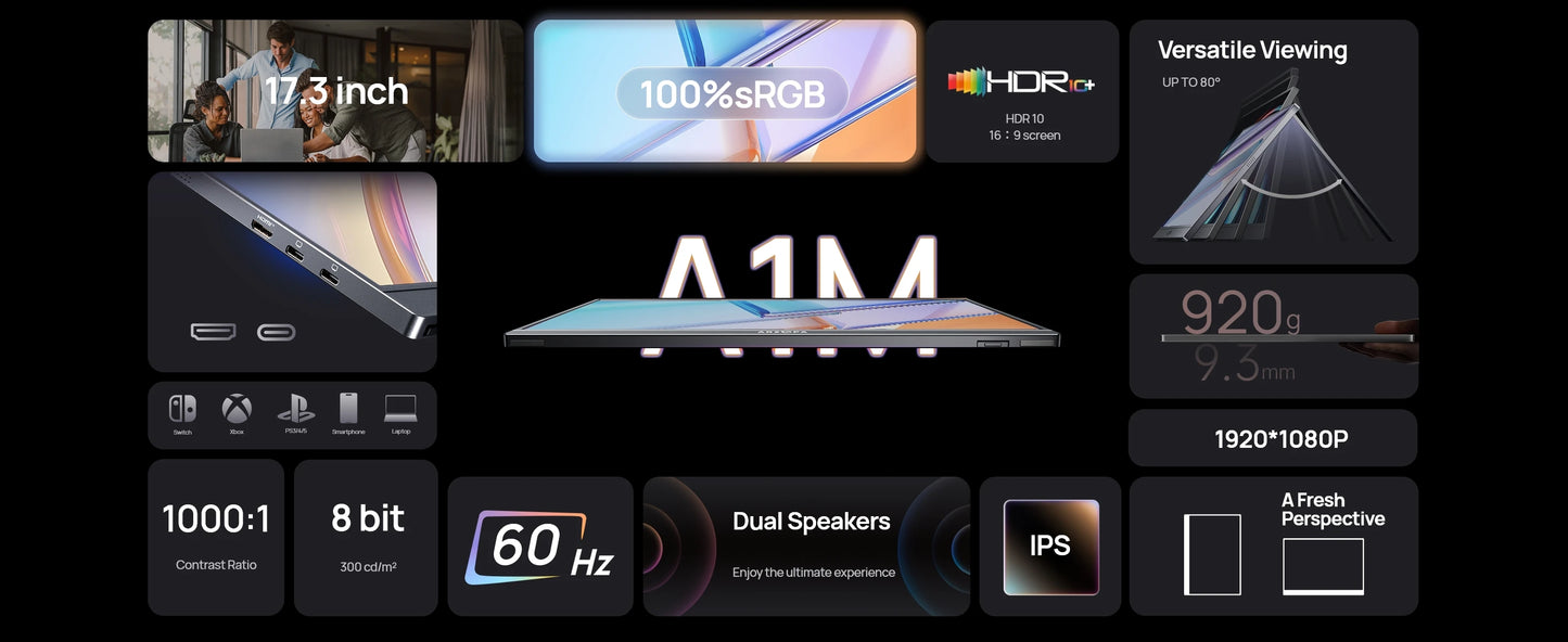 ARZOPA A1M Portabel Skärm 17,3" 1080P IPS – 100% sRGB HDR10 60Hz Inbyggt Stativ Dubbla Högtalare Aluminium USB-C HDMI