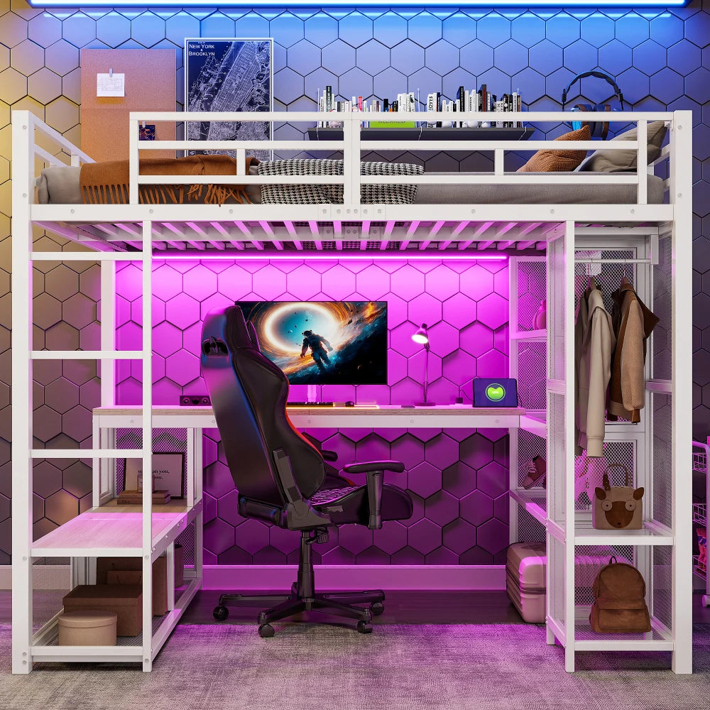 140x200cm Metal High Bed with Storage and Open Wardrobe, Kids Bedroom Bed with USB Connector and LED Lighting, Black/white