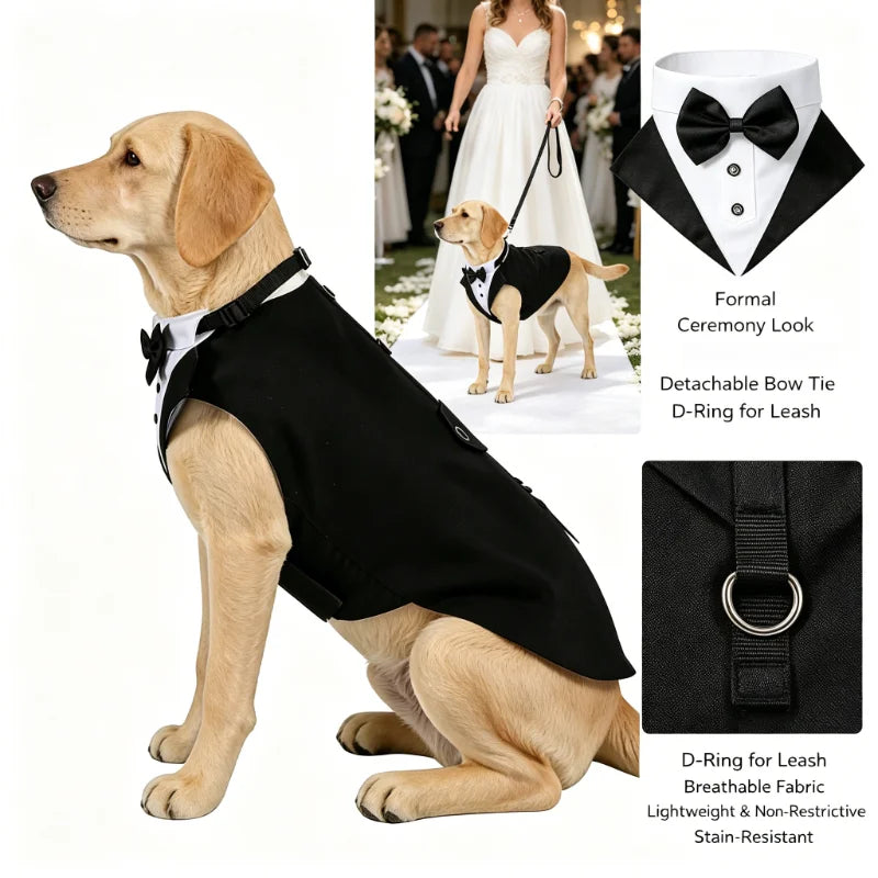 Dog Tuxedo Suit Formal with Bowtie Collar Bandana Set Wedding Party Costume Doggy Prince Shirt for Engagement Pet Clothes