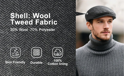 FEINION Men's Herringbone Flat Ivy Newsboy Hat Wool Blend Gatsby Cabbie Cap Winter Outdoor Hunting Cap