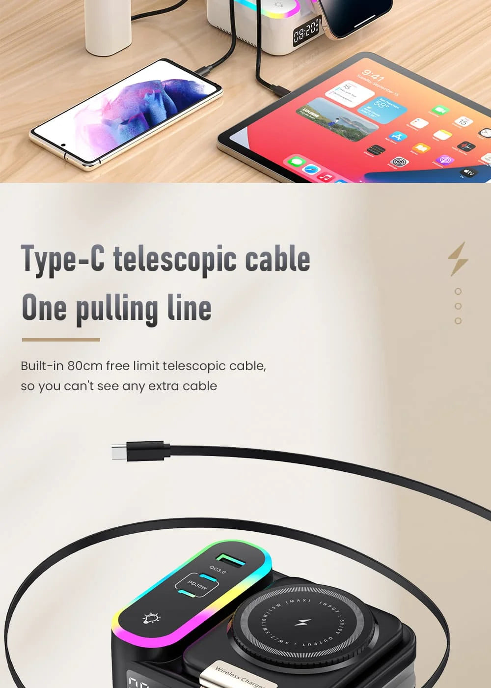 LYNXZ 8-i-1 Magnetisk Trådlös Laddstation 15W – RGB MagSafe PD30W USB-C iPhone AirPods Apple Watch Vit Svart