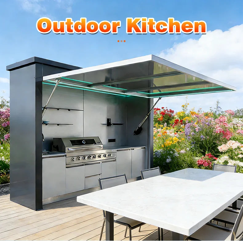 Komplett uteköksskåp med motordrivet tak, gasolgrill, diskho, kylskåp och förvaringslådor