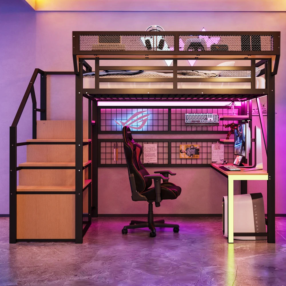 90×200cm & 140*200cm Metal High Bed, with Desk, Shelf and Storage Net, Complete with Safety Ladder, LED Lighting and Socket