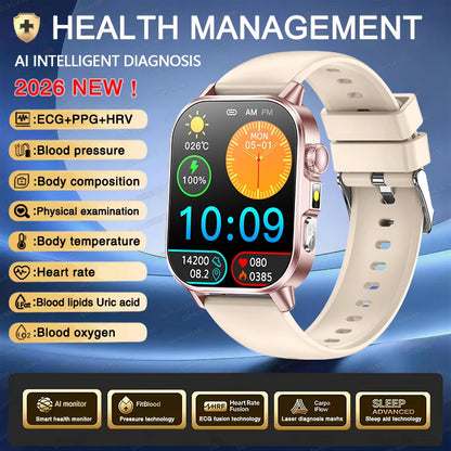 2026 ECG+PPG Daily Health Smart Watch Men Blood Fat Uric Acid Heart Rate Blood Oxygen Bluetooth Call Wellness Tracker Smartwatch