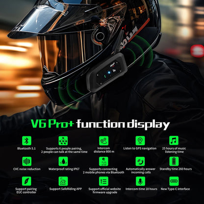 EJEAS V6 PRO+ Bluetooth-intercom för Motorcykelhjälm – 800m, IP67, 6 Ryttare och Bluetooth 5.1